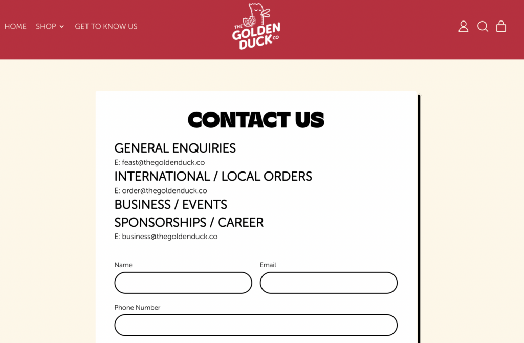 The Golden Duck contact page featuring email options for general inquiries, local and international orders, events, and sponsorships.